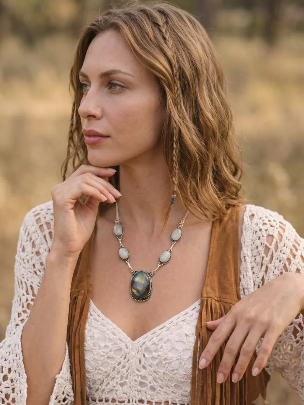 925 Silver Genuine Labradorite Moonstone Statement Necklace Whimsigoth Bohemian
